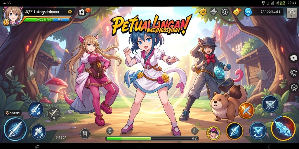 Tampilan gameplay 47F yang dinamis dan penuh warna dalam dunia Anime.
