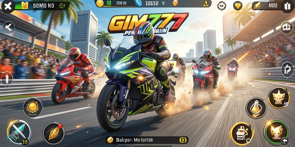 Screenshot gameplay GIM777 menampilkan balapan motor yang intens dan menegangkan.
