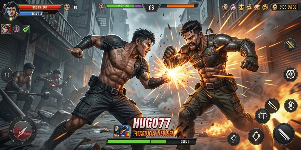 Tangkapan layar gameplay HUGO77 menampilkan pertarungan karakter yang epik.