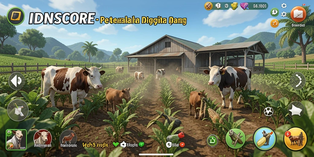 Tampilan gameplay IDNSCORE dengan aktivitas bertani yang menarik.