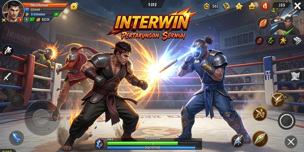 Screenshot INTERWIN menampilkan aksi pertarungan yang intens dan karakter dinamis.