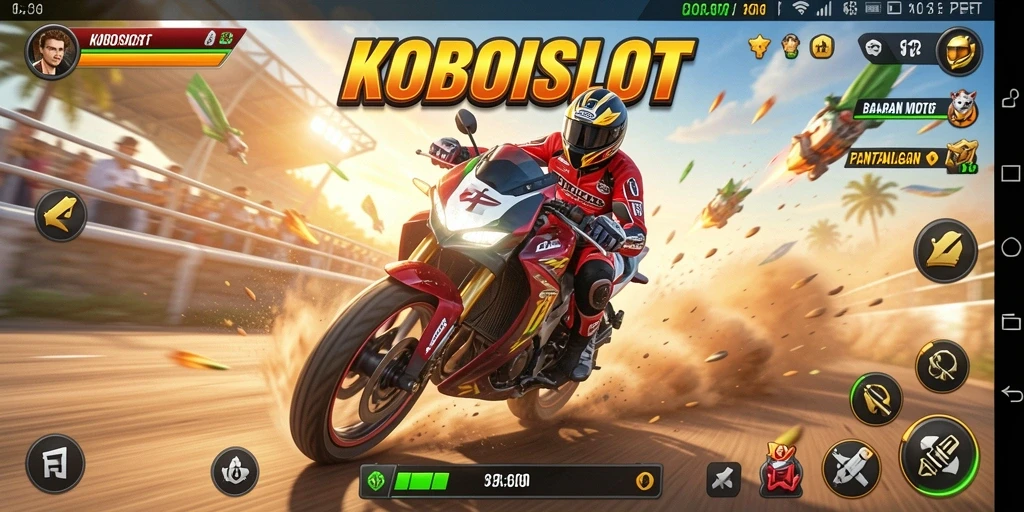 Tampilan gameplay seru dari KOBOISLOT saat balapan motor.