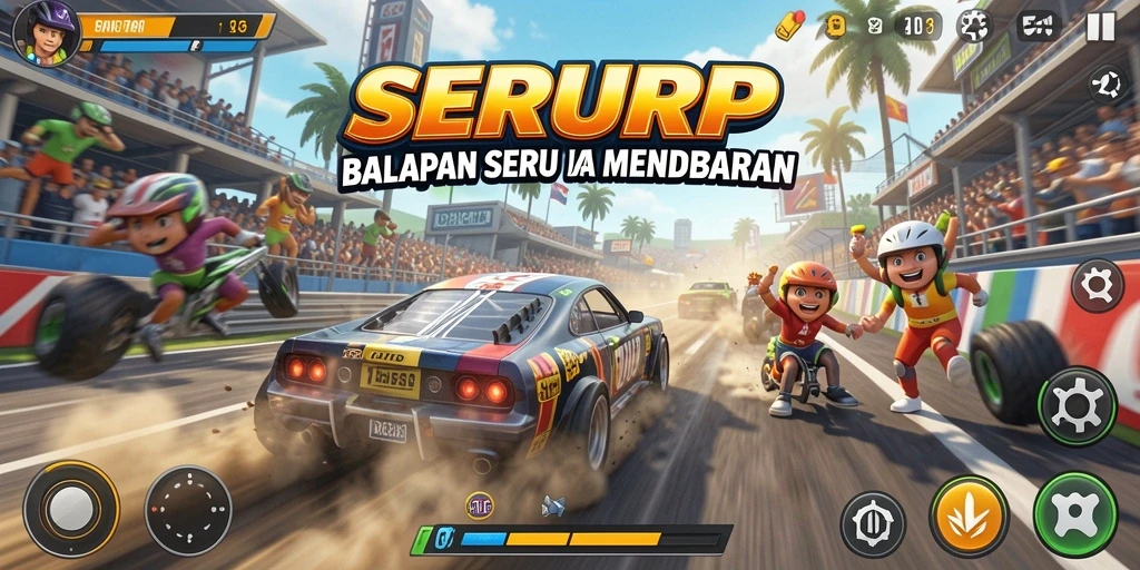 Tampilan seru gameplay SERURP dengan aksi balapan yang mendebarkan.