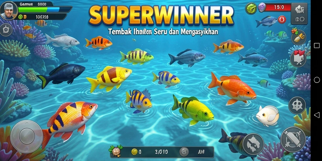 Screenshot gameplay SUPERWINNER dengan aksi menembak ikan yang mendebarkan.